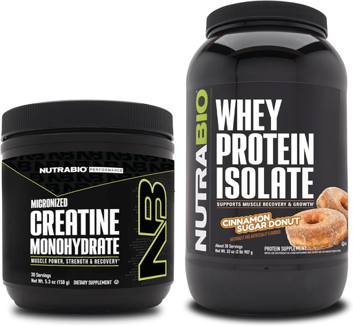[BRSRAZ34A55GCELH] NutraBio Creatine Monohydrate, Unflavored, 150g and Whey Protein Isolate, Cinnamon Sugar Donut, Supplement Bundle - Muscle Energy, Lean Muscle Growth, Recovery, and Strength