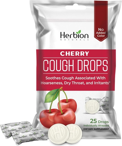 [BRSWG2Y3BYIAA3TU] HERBION Naturals Cough Drops with Natural Cherry Flavor, Dietary Supplement, Soothes Cough, Yetişkinler ve Çocuklar için 6 Yıl boyunca, 25 Drops, No Yapay Flavor, Pack of 1