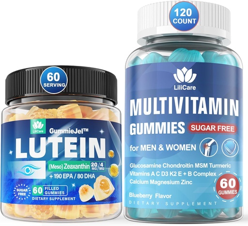 [BRSRA2YCOQNBQ3L5] Sugar Free Lutein 20mg Zeaxanthin Eye Vitamins Filled Gummies with EPA 190mg & DHA 80mg + Multivitamin with Glucosamine Chondroitin MSM for Immune Support, Men & Women - (Pack of 2)