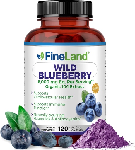[BRSRAHQZDJ4AYH37] FineLand Wild Blueberry 10: 1 Extract, 6000 mg Siła, 120 Kapsułki wegańskie, Bogate w flawonoidy i antocyjaniny, Przeciwutleniacze Wsparcie dla Mózgu i Heart Health, 4-Miesiąc dostaw, Non-GMO Made in USA