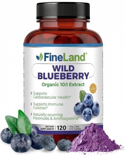 [BRSRAHQZDJ4AYH37] FineLand Wild Blueberry Extract, Rich in Flavonoids & Anthocyanins, Antioxidant Support for Brain & Heart Health, 4-Month Supply, 120 Vegan Capsules, Non-GMO Made in USA
