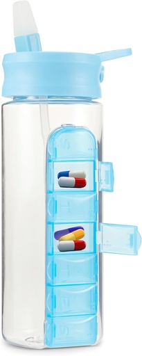 [BRSROCYNBYMGGD36] MARS WELLNESS 24 Unce Water Bottle with Slideout Pill Box, Daily Organizer - 7 Day Medicine Holder, Easy Slide Out Pill Container, Popup Straw for Hydration