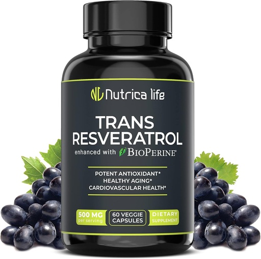 [BRSWYGQ7CJ7GKAI4] Trans Resveratrol Supplement 500mg Potent Anti Aging Formel, kraftfuld antioxidant til hjerte & cellulær sundhed, Brain Booster Kosttilskud med Bioperine, 60 Vegan Caps