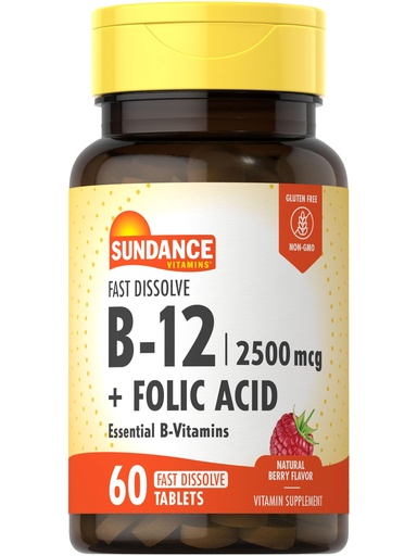 [BRSWKYYHB4CAEYIV] Sundance Fast Dissolve Vitamin B-12 | with Folic Acid | 2500mcg | 60 Count | Natural Berry Flavor | Vegetarian, Non-GMO, and Gluten Free Supplement