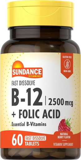 [BRSWKYYHB4CAEYIV] Sundance Fast Opløs vitamin B-12-124; med folinsyre • 124; 2500mcg • 124; 60 Greve • 124; Natural Berry Flavor • 124; Vegetar, ikke-GMO og Gluten Free Supplement
