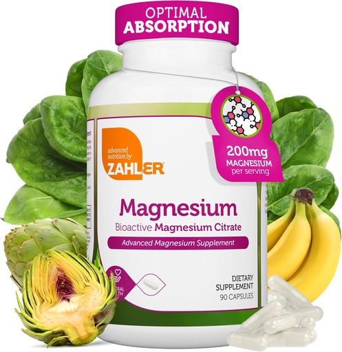 [BRSRAAIOBN5QE2Y2] Zahler - Magnesium Supplement Capsules 200 mg (90 Count) Certified Kosher Bioactive Magnesium Citrate for Max Absorption - Natural Magnesium Mineral for Men & Women - Best Magnesium Supplements