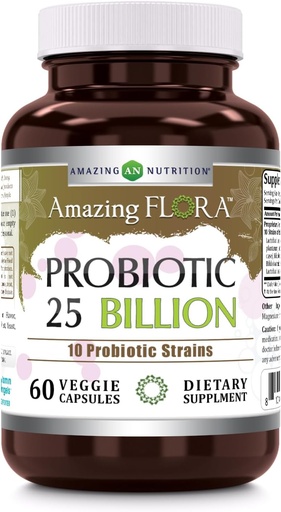 [BRSWKELRCUARQEY3] Amazing Flora Probiotic Supplement | 25 Billion-10 Strains | 60 Veggie Capsules | Non-GMO | Gluten-Free | Made in USA