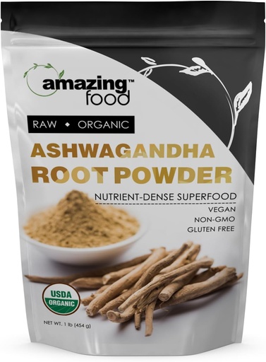 [BRSRAY3RDMBRA3Y7] Amazing Food Ashwagandha Root | 1 Lb Powder | USDA Certified Organic Supplement | Vegan | Non-GMO | Gluten Free | Made in USA