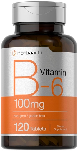 [BRSROFIEBYBAGF3A] Horbaach Vitamin B6 100mg | 120 Tablets | Pyridoxine HCl | Vegetarian, Non-GMO & Gluten Free Supplement