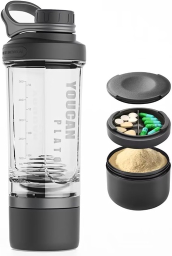 [BRSRMBQ3C4BQGYA2] 21oz Protein Shaker Bottle with Powder Storage Container-Shaker Cups for Protein Shakes-pre workout bottle-Mixer Cup-Gym Sport Water Bottle -Made with Tritan BPA Free,with Wire Whisk Balls (Black)
