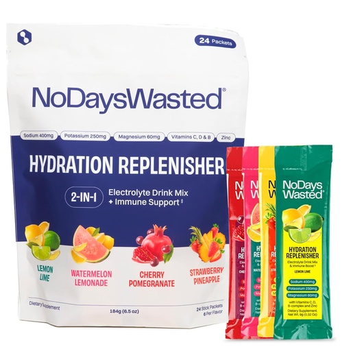 [BRSRAZLQDMPWKCDB] No Days Wasted Hydration Replenisher Electrolyte Replacement Stick Packets| Essential Rapid Hydration & Vitamins | Sodium, Potassium, Magnesium, Vitamins B, C, D, Zinc | 4 Flavor Variety Pack