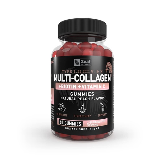 [BRSW2BAQB5YAAE3B] Multi Collagen Peptide Gummies (1, 2, 3, 5 & 10) + Vitamin C + Biotin + Hyaluronic Acid | Supports Healthy Hair, Skin, and Nails | Non-GMO and Gluten-Free | Natural Peach Flavor | 60 Gummies