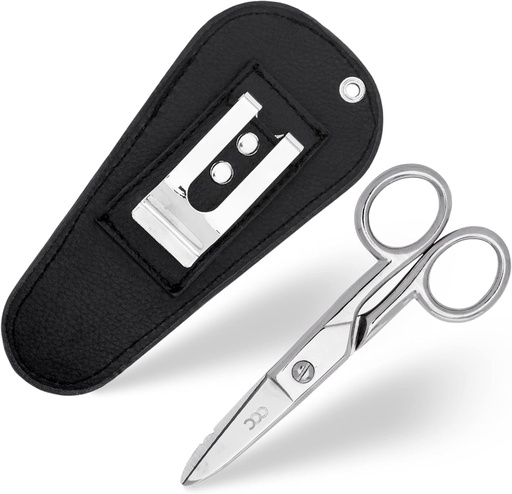 [BRSW2ZA6BMGR4AIZ] Multi Purpose Electrician Scissors With Leather Carrying Pouch - Heavy Duty Stainless Steel Electrical Shears With Stripping Notches, File & Scraper - Our Snips Are For Right & Left Handed Use – Black