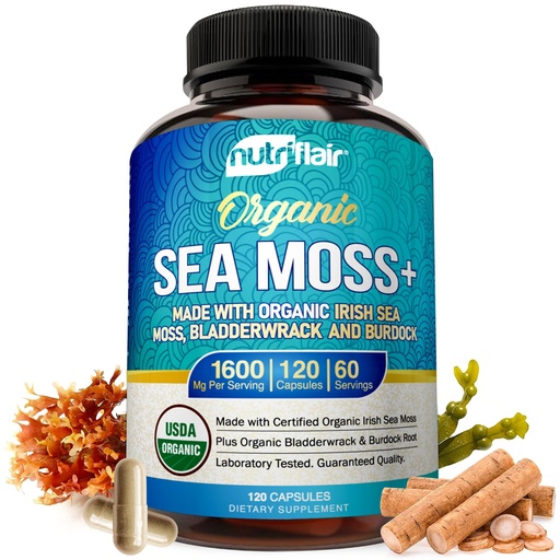 [BRSWYBA6CF6A2YD7] NutriFlair Organic Sea Moss 1600mg, 120 Capsules Plus Bladderwrack & Burdock - Prebiotic Super Food - Immune System & Digestive Health - Thyroid, Healthy Skin, Keto Detox, Gut