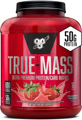 [BRSWIYQOCN6BYFQV] BSN TRUE- MASS Weight Gainer, Muscle Mass Gainer Powder, Strawberry Milkshake, 5.82 Pound