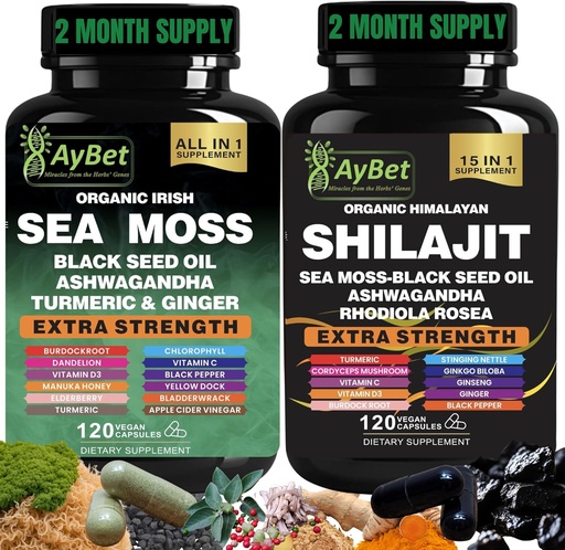 [BRSRAHQPCQPBMGT7] Sea Moss Shilajit Combo Bundle Capsule, Black Seed Oil, Ashwagandha, Rhodiola Rosea, Burdock, Turmeric, Ginger, VitC, VitD3, All in One Supplement, 240 Capsules, Halal, Vegan, USDA Organic