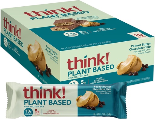 [BRSWGCA2A4GWYH3O] think! Vegan/Plant Based High Protein Bars - Peanut Butter Chocolate Chip, 13g Protein, 5g Sugar, No Artificial Sweeteners, Non GMO Project Verified, 10 Count (Packaging May Vary)