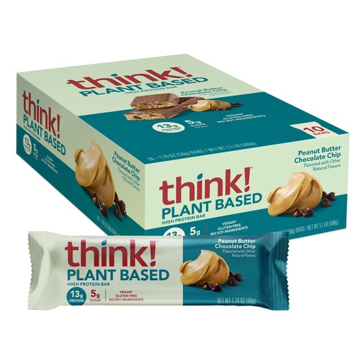 [BRSWGCA2A4GWYH3O] think! Vegan/Plant Based High Protein Bars - Peanut Butter Chocolate Chip, 13g Protein, 5g Sugar, No Artificial Sweeteners, Non GMO Project Verified, 10 Count (Packaging May Vary)