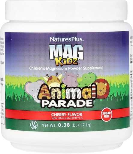 [BRSWKEABCV7GMELU] NaturesPlus Animal Parade MagKidz, Cherry Flavor - 0.38 lb - Suplemento de polvo de magnesio para niños - Soporte de salud de huesos y músculos - Gluten Free, Sugar Free - 45 Servings