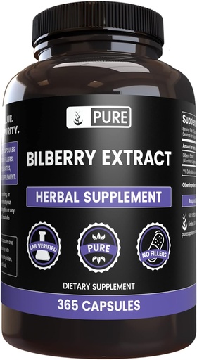 [BRSWGCDRAUCRMHT4] Pure Original Ingredienser Bilberry Extract (365 kapsler) Ingen Magnesium eller Rice Fillers, Altid Pure, Lab Verified