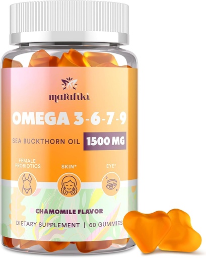 [BRSRAEILAEFBO2TP] Omega 3 6 7 9 Gumiji za ženske - Omega 3 doplačilo z oljem Sea Buckthorn, Laneno olje, vitamini E, A & probiotiki - koža, oči in suhost, kamilice aroma - 60 Gumies