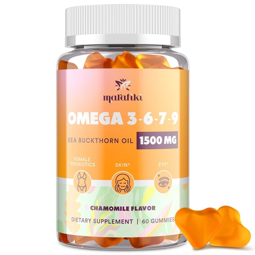 [BRSRAEILAEFBO2TP] Omega 3 6 7 9 Gummies for Women - Omega 3 Supplement with Sea Buckthorn Oil, Flaxseed Oil, Vitamins E, A & Probiotics - Skin, Eye & Dryness, Chamomile Flavor - 60 Gummies