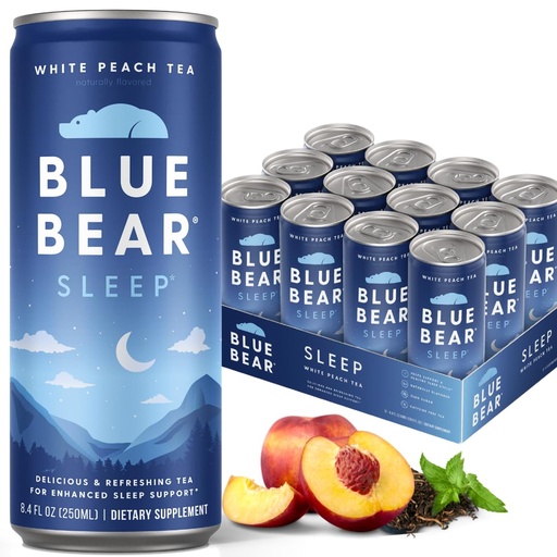 [BRSW2H32AEFRGFA3] Blue Bear Sleep Adaptogen Drink, Ready-to-Drink Sleep Tea, White Peach Melatonin (5mg) with Chamomile, Lavender, Ashwagandha, GABA & L-Theanine, Caffeine-Free, Zero Sugar, 8.4 Fl Oz (12 Pack)