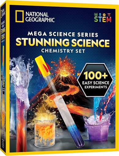 [BRSWYGIPBUGWMAA4] National Geographic Stunning Chemistry Set - Mega Science Kit con 45 Easy Experiments- Hacer un volcán y lanzar un cohete, STEM Proyectos para niños Edades 8-12, Science Toys ( Exclusivo)