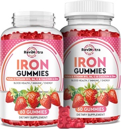Iron Gummies - with Calcium, Zinc, Folate & Vitamin B12, C, B6 for Adults & Kids - Blood Builder & Energy Support for Iron Deficiency, Anemia, Vegan - 2 Pack Strawberry Flavour,60 Gummies