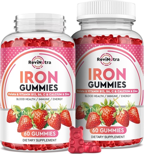 [BRSRAZALOYCWODI4] Iron Gummies - with Calcium, Zinc, Folate & Vitamin B12, C, B6 for Adults & Kids - Blood Builder & Energy Support for Iron Deficiency, Anemia, Vegan - 2 Pack Strawberry Flavour,60 Gummies