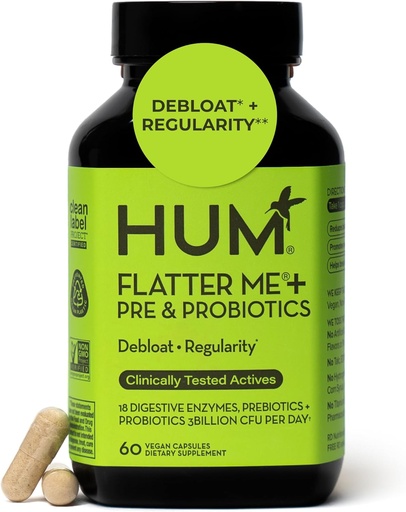 [BRSRAFALAR7AKG3P] HUM Flatter Me Digestive Enzymes Plus Prebiotics & Probiotics, Digestive Health Bloating Supplement for Women & Men, Fast Acting Anti Bloat Pills Multi Enzyme for Debloating, Vegan, 60 Capsules