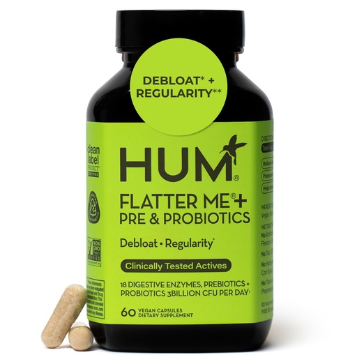 [BRSRAFALAR7AKG3P] HUM Flatter Me Digestive Enzymes Plus Prebiotics & Probiotics, Digestive Health Bloating Supplement for Women & Men, Fast Acting Anti Bloat Pills Multi Enzyme for Debloating, Vegan, 60 Capsules