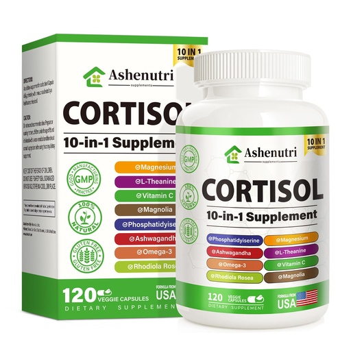 [BRSRAAQOAUHQEALL] Ashenutri 10-in-1 Cortisol Supplement with Magnesium,Ashwagandha,Rhodiola Rosea,L Theanine,Hormone Balance for Women 120 Vegan Capsules