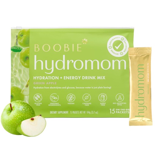 [BRSWYBQEOQHGM2T3] Boobie Hydromom Superfood Electrolyte Drink Mix, Green Apple | Освежающая энергия и гидратация для мам | On-The-Go & Travel Essentials for Pregnancy, Lactation, & Beyond, 15 пакетов