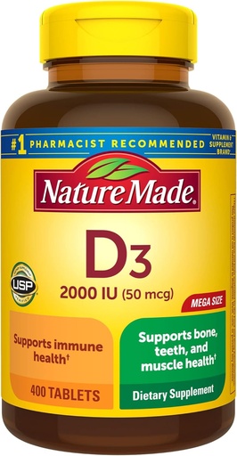 [BRSWI2QOABYAA2DG] Nature Made Vitamin D3 2000 IU (50 mcg), Vitamin D Supplement for Bone, Teeth, Muscle and Immune Health Support, 400 Tablets, 400 Day Supply