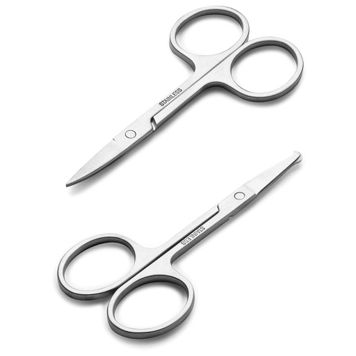 [BRSWGAI3BZ7RSEQ7] Facial Hair Small Grooming Scissors For Men Women - Eyebrow, Nose Hair, Mustache, Beard, Eyelashes, Ear Trimming Kit - Curved and Rounded Safety Tip Clippers For Hair Cutting - 2PCS Silver