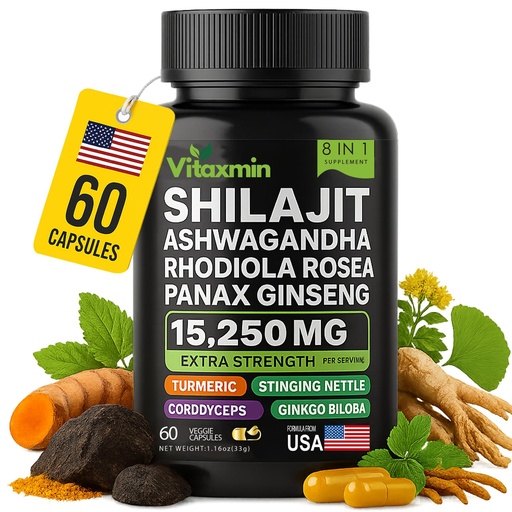 [BRSRAGA7OABBQCDX] Shilajit and Ashwagandha Capsules, 8-in-1 Herbal Multivitamin for Men and Women, with Rhodiola Rosea, Ginseng, and Stinging Nettle, Shilajit for Men and Women