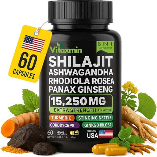 [BRSRAGA7OABBQCDX] Shilajit and Ashwagandha Capsules, 8-in-1 Herbal Multivitamin for Men and Women, with Rhodiola Rosea, Ginseng, and Stinging Nettle, Shilajit for Men and Women
