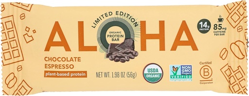 [BRSRMFQTDMIGKA3P] Aloha Organic Chocolate Espresso Protein Bars, 14g Plant-Based Protein, 85mg Caffeine, USDA Certified Organic, Gluten Free & Non-GMO, 1.98 Oz (Pack of 12)