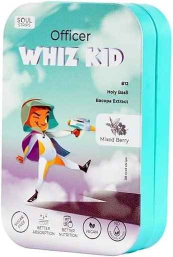 [BRSRAZYEPN6R6DTB] Soul Strips Officer Whiz Kid - Bacopa & Holy Basil for Enhanced Brain Function Vitamin B12, Mixed Berry Flavor, Zero Sugar, Vegan, 30 Strips Pack