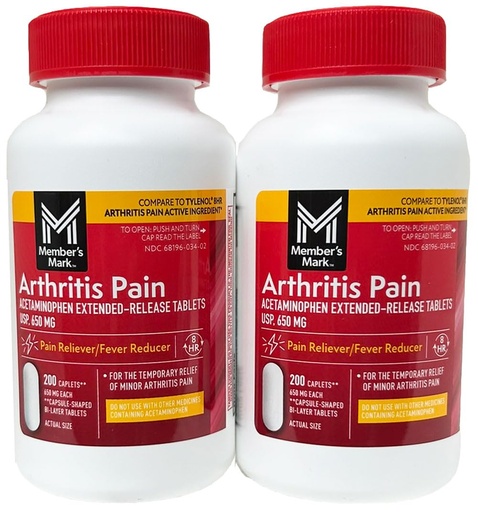 [BRSWIEAACADGIFL6] Compare to Tylenol Arthritis Pain Active Ingredient. - Member's Mark - Arthritis Pain Reliever, Extended Release, Acetaminophen 650 mg, 400 CapletsQ