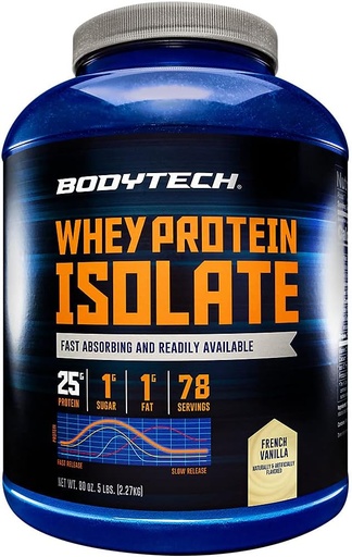 [BRSWGEITOECAMF35] BODYTECH Whey Protein Isolate Powder - med 25 gram protein per Serving & BCAA - Ideel til post- workout muskeltræning & vækst, Indeholder mælk & soja - Vanilla (5 pound)