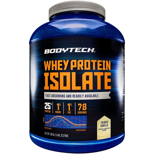 [BRSWGEITOECAMF35] BodyTech Whey Protein Isolate Powder, French Vanilla Flavor, 25g Protein per Serving, High Concentrated Protein Powder with Amino Acids & BCAAs for Men and Women, Gluten Free, 5 lbs, 78 Servings
