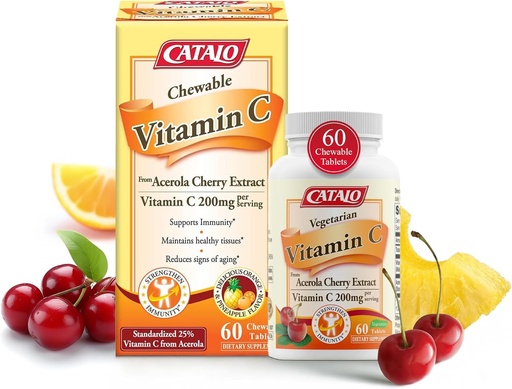 [BRSWY236ORYAG234] CATALO Vitamina C Fórmula - Acerola Cherry Extract, 200mg Vitamina C por Serving, Rejuvenecimiento de la piel, Producción de colágeno, Delicious Orange &amp; Pineapple Flavor, 60 Tablas Chewable
