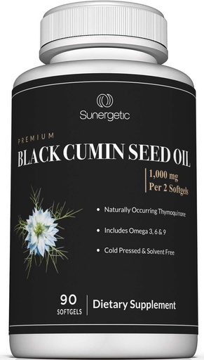[BRSWGYY7AADR6F3H] Sunergetic Premium Black Cumin Seed Oil Softgels – 1,000mg of Black Seed Oil Per Serving – Non GMO Cold Pressed Nigella Sativa – Includes Thymoquinone & Omega’s - 90 Softgels