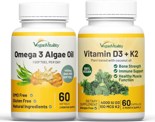 [BRSROGQLOR4BEHTL] Vegan Vitality Health Booster Bundle - Vegan D3+K2 and Vegan Omega 3 Algae Oil. High Strength Plant Based Formula for Immunity, Energy Overall Health for Vegans and Vegetarians