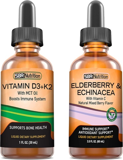 [BRSW2AYZO4JQIDL2] SBR Nutrition D3+K2 and Elderberry Bundle Vitamin D3K2 (MK7) Liquid Drops, Peppermint,1oz | Elderberry & Echinacea & Vitamin C Liquid Drops, 2oz | Adults & Kids | Non-GMO, Gluten Free