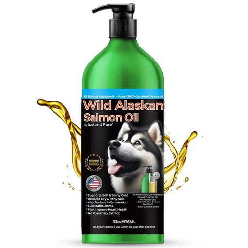 [BRSROCD6AQCA2HIY] Wild Alaskan Salmon Oil for Dogs and Cats by Iceland Pure | 1,043 mg of Omega-3 per Teaspoon | Salmon Oil & Pollock Blend | BPA-Free Brushed Aluminum Epoxy Coated Bottle with Pump - 33 oz