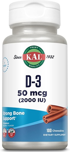 [BRSWIYQGCEBQIHLO] KAL Vitamin D3 Chewables 50 mcg, Vitamin D 2000 IU as Cholecalciferol, Sugar Free, Natural Cinnamon Flavor D3 Vitamin, Immune Support & Bone Health, 100 Servings, 100 Chewables