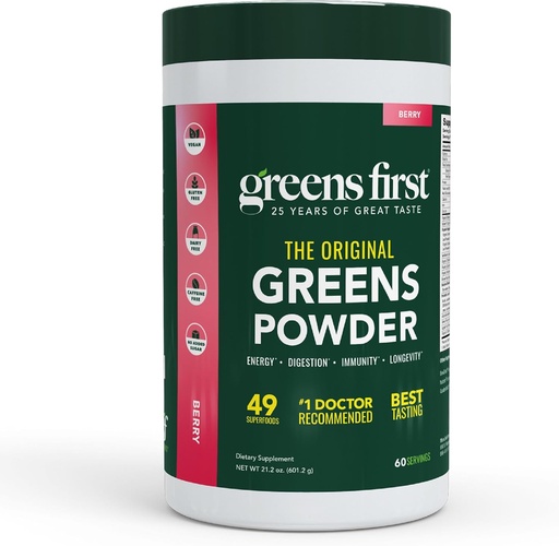 [BRSWKHD5AQEGOALH] Greens First Original Greens Powder - 49 Superfoods - Organic Fruits & Veggies - Prebiootit, Probiootit & Digestive Enzymes - Antioksidantti Smoothie - Dairy Free, Vegan & non-GMO (Berry, 60 Servings)